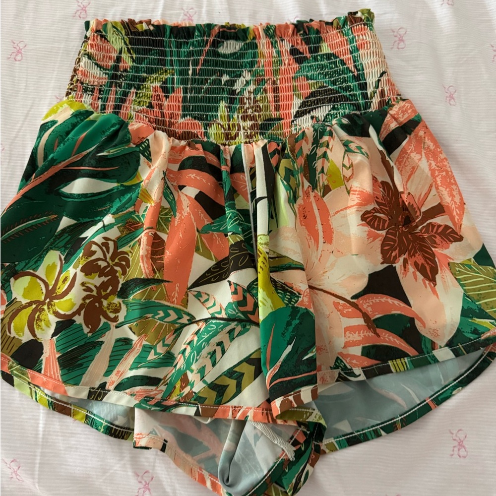 Aerie High Waist Tropical Print Shorts - Green and Orange